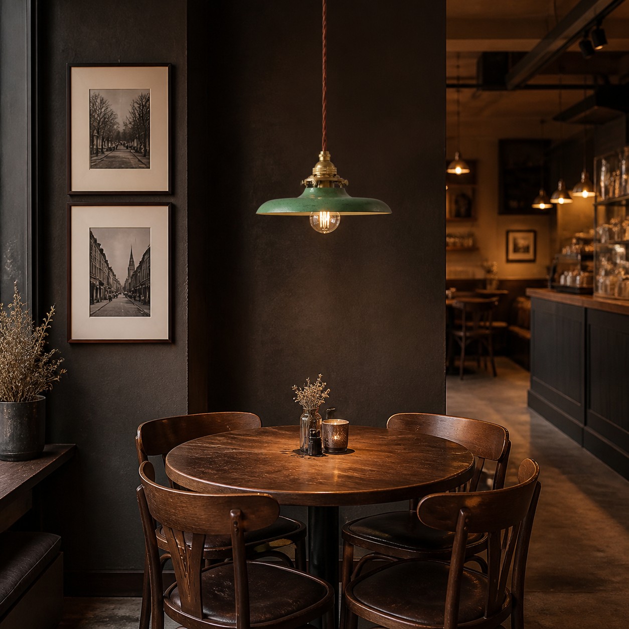 Distressed green pendant light in a German urban café