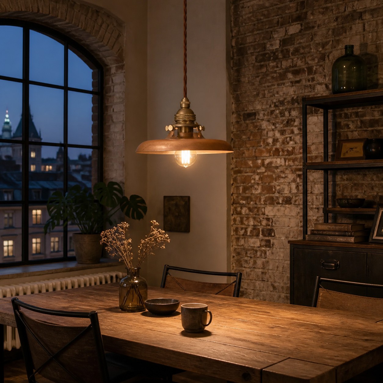 Distressed gold pendant light above a German loft dining table
