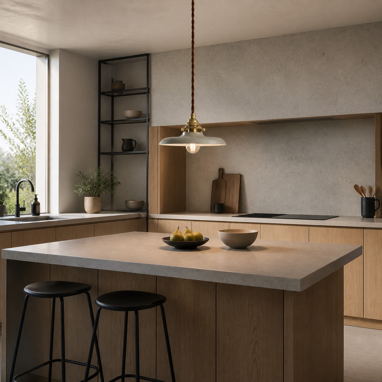 Distressed silver pendant light over a German kitchen island