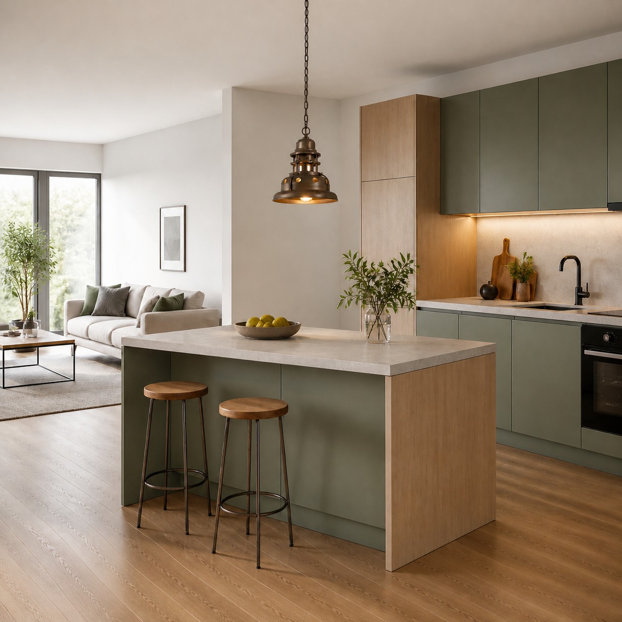 Antique bronze pendant above a kitchen island