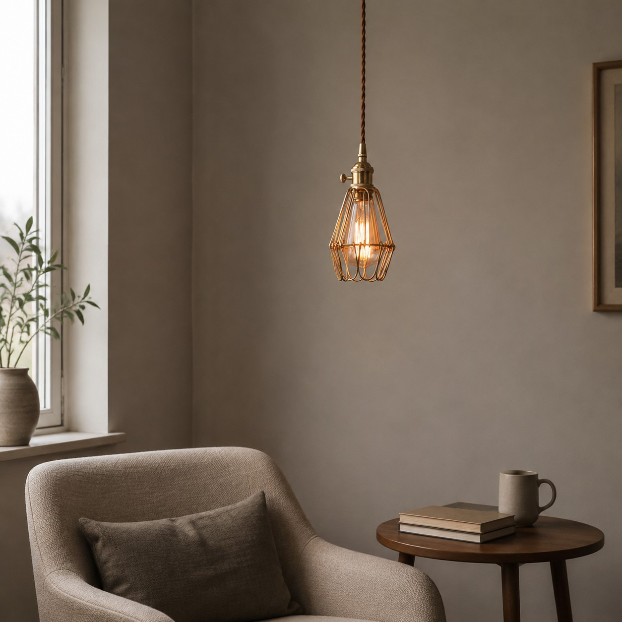 Vintage cage pendant light in a reading corner