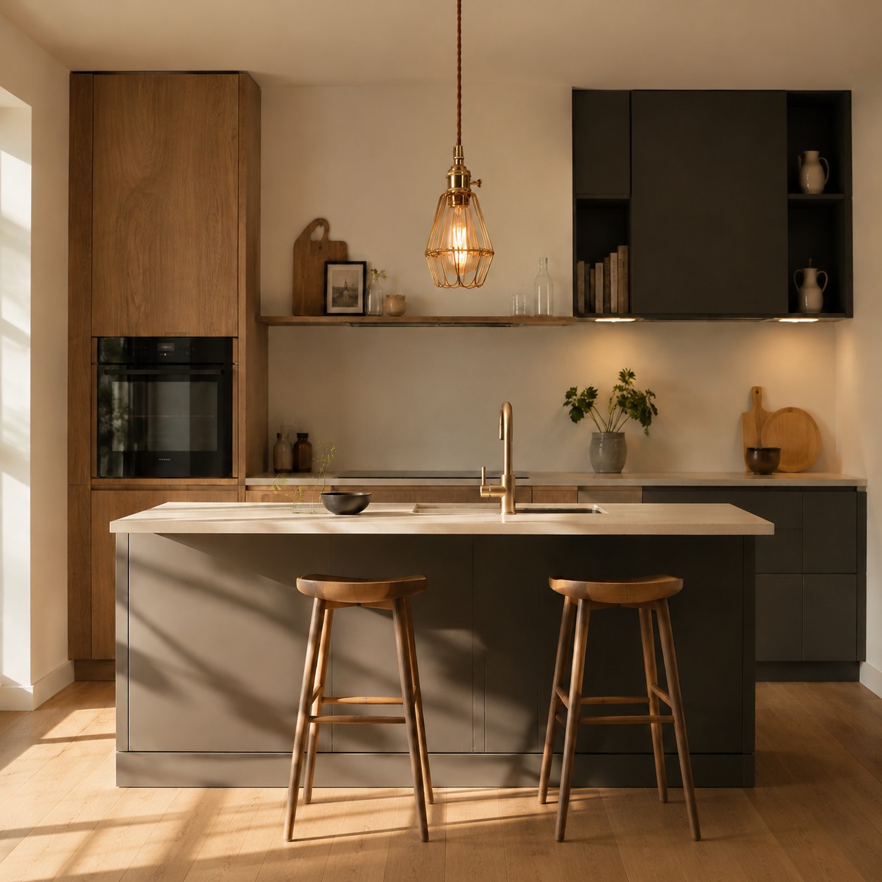 Brass-color cage pendant over a kitchen counter
