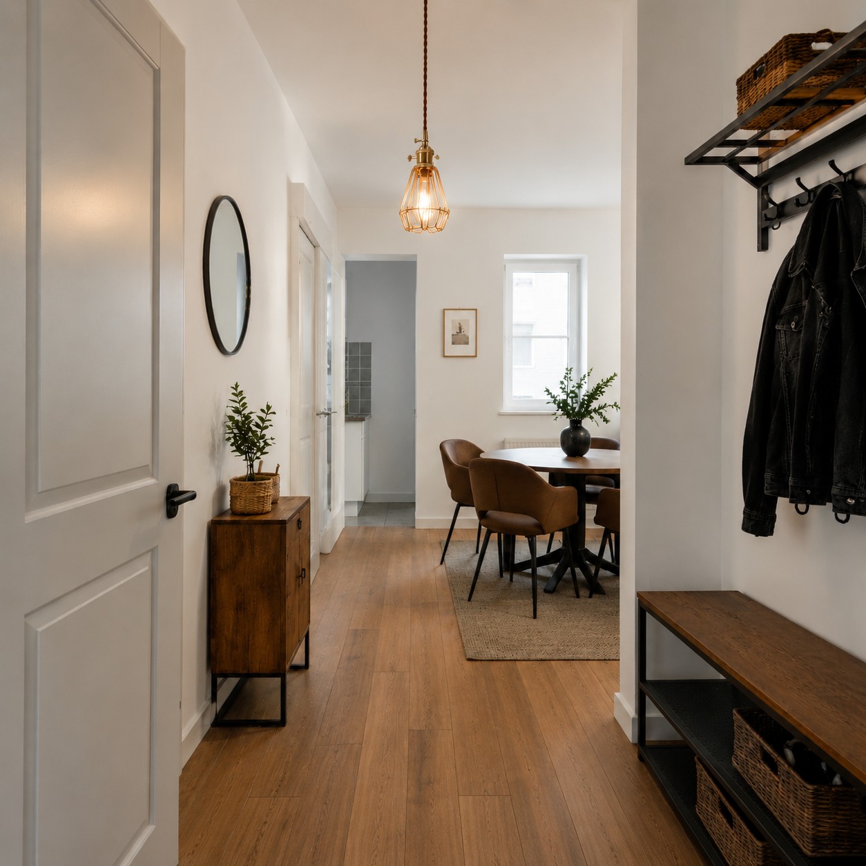Cage pendant light in an entryway and dining corner