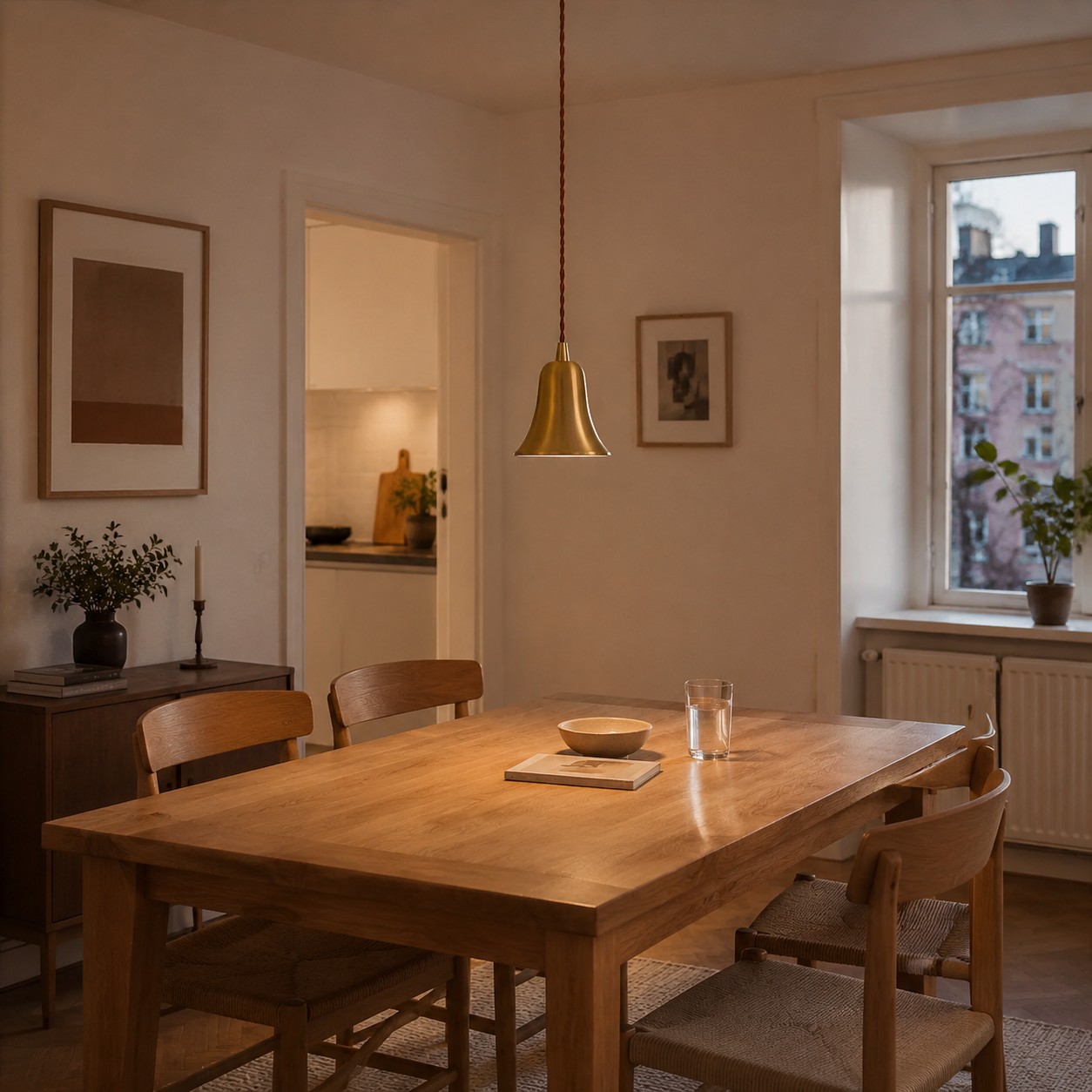 Luminária pendente em latão natural com cúpula em formato de sino, ideal para sala de jantar.
